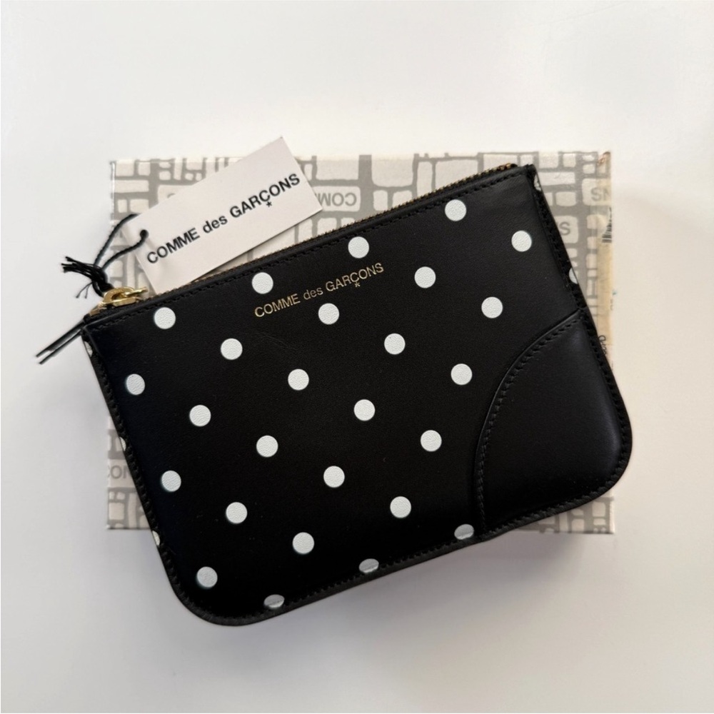 COMME DES GARCONS Dots Printed Leather Zip Wallet Black Leather Pouch Made Spain